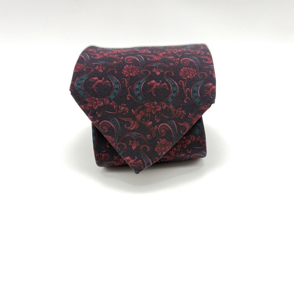 Fumagalli Silk Necktie Burgundy Teal Dark Background Floral & Paisley Pattern